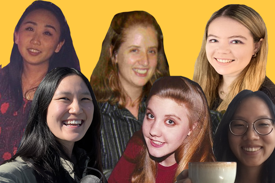 Collage of old and more recent photos of six different women smiling.